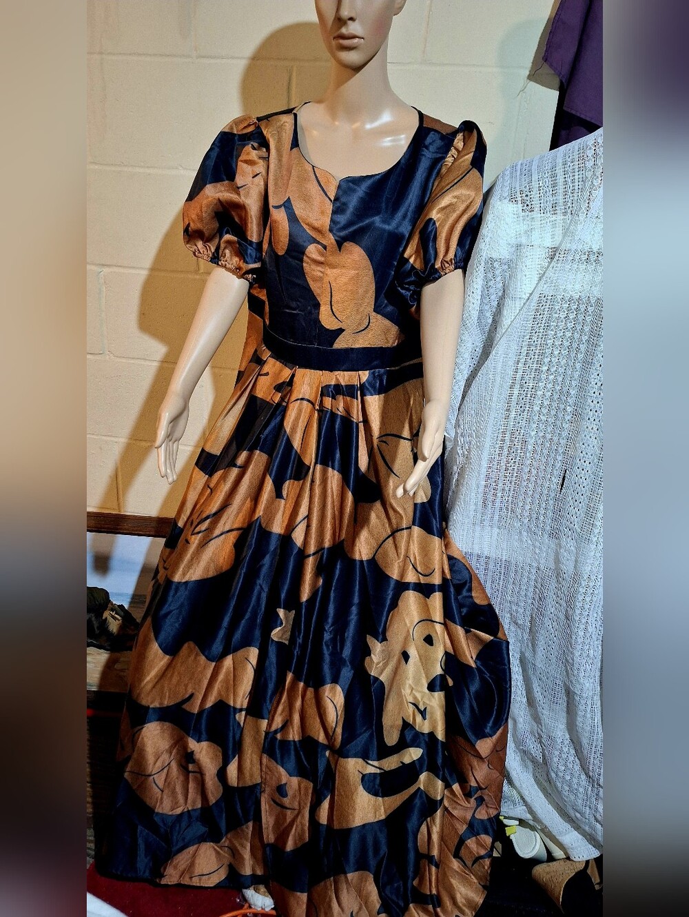 Navy and Copper Satin Floral Puff Sleeve Dress - Picture 3 of 4